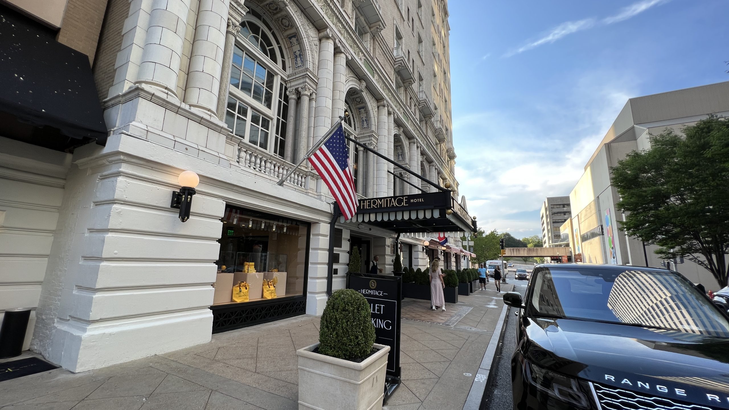 a building with a flag on the front
