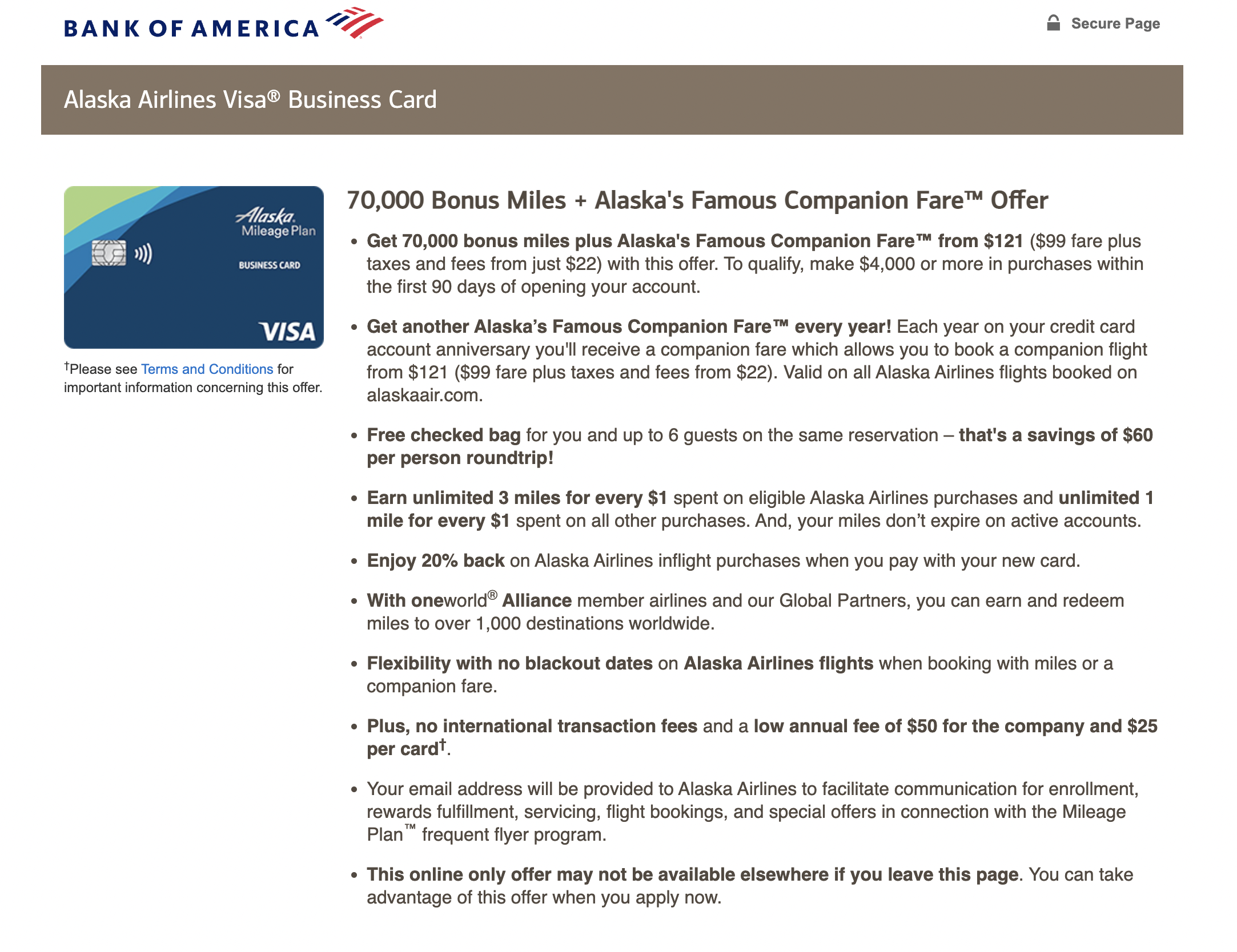 Bank of America Alaska Airlines Business Visa 70k offer + BOGO
