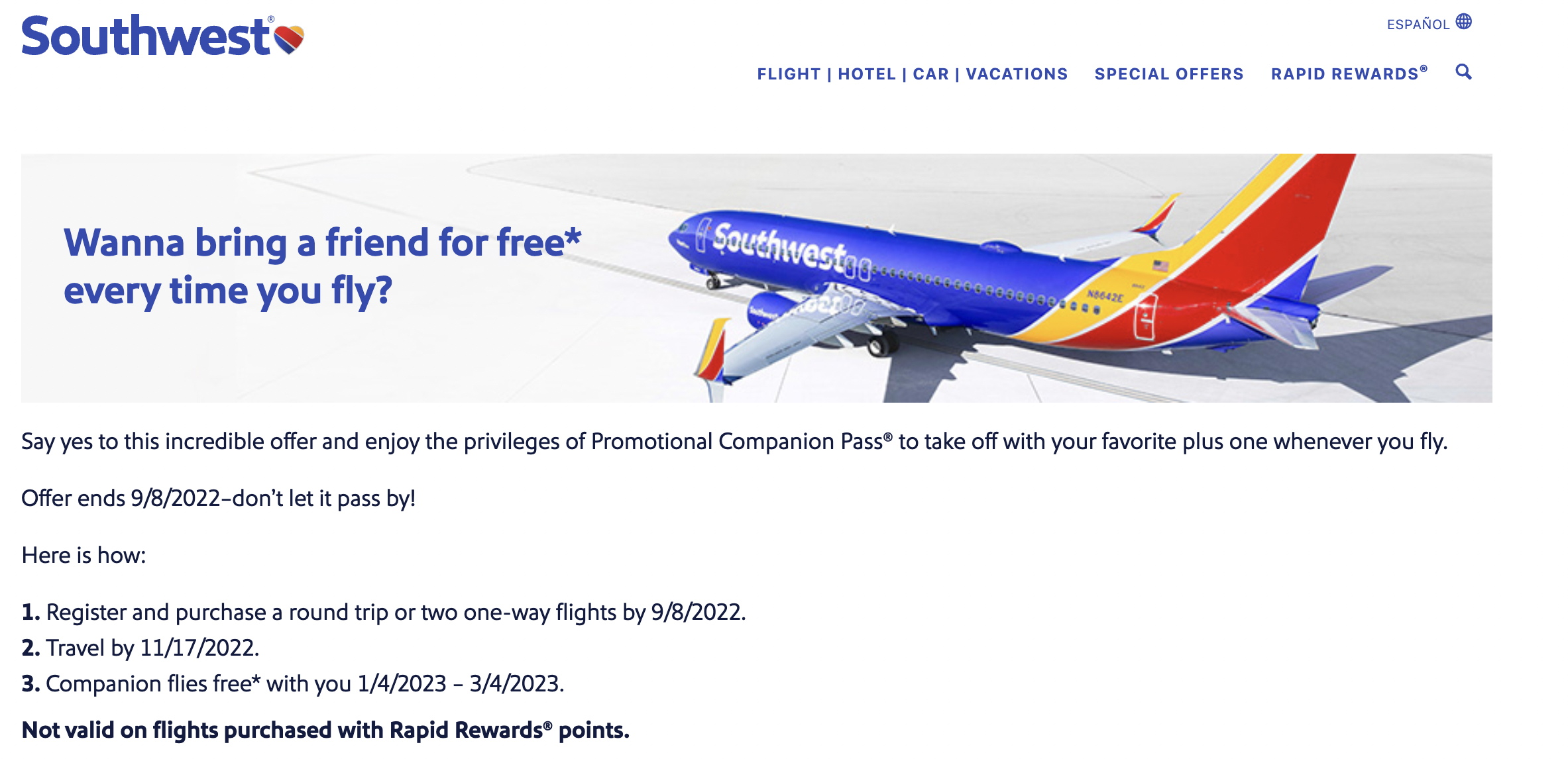 Flash promo on the Southwest Companion Pass Buy 1 roundtrip or Two 1