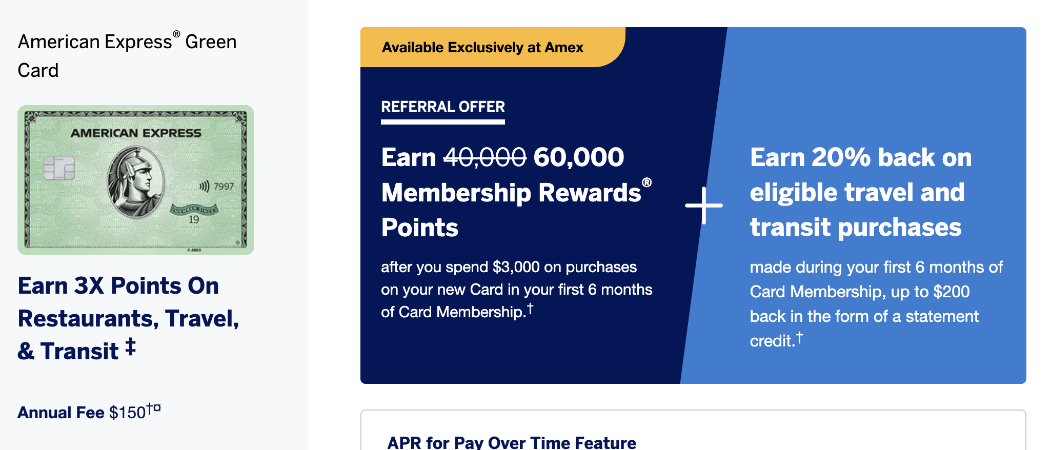 American Express Green Referal 60k + 20% back on travel and transit