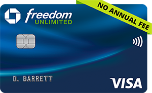 a blue credit card with green and white text