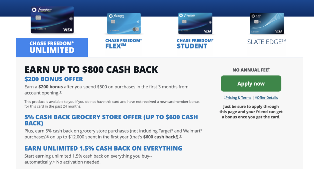 Personal referrals populating Chase Freedom cards with 20k + 5x grocery