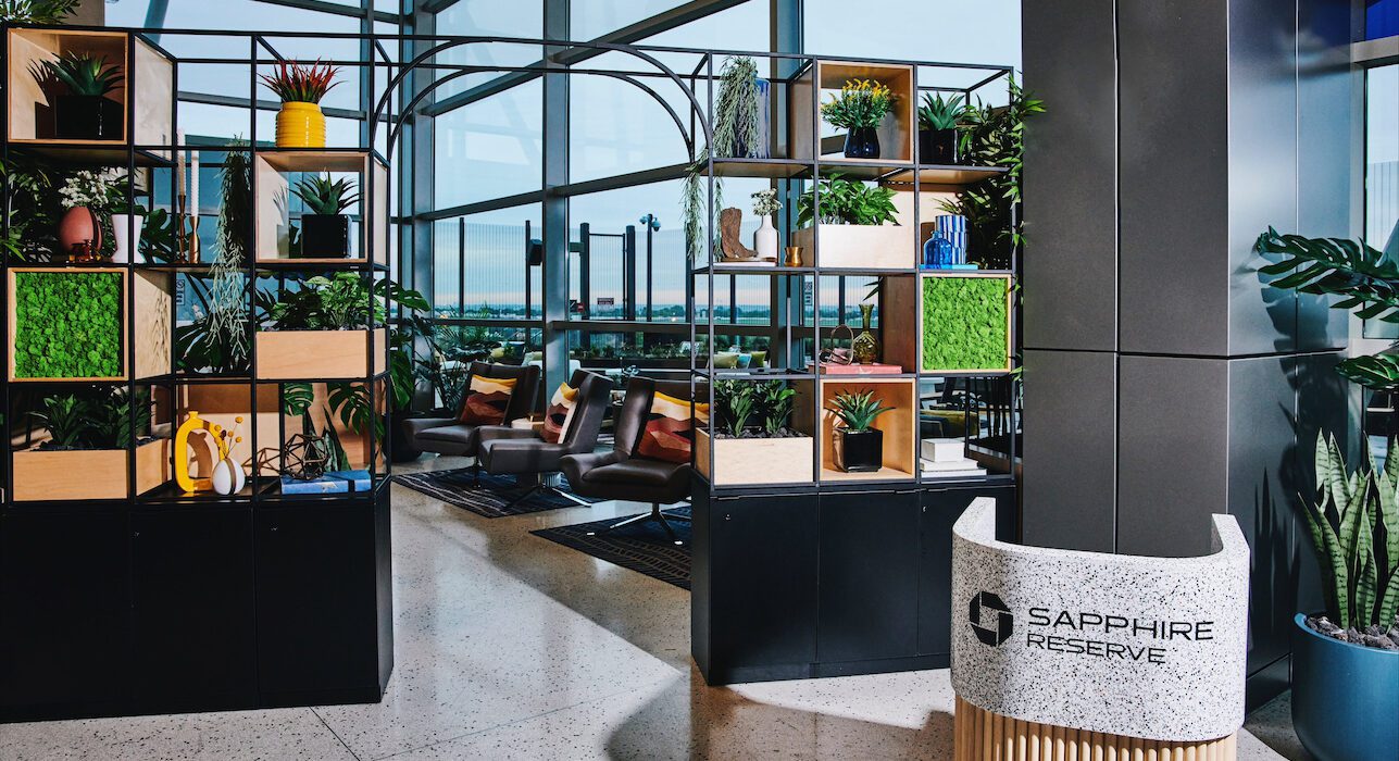 a room with plants and chairs