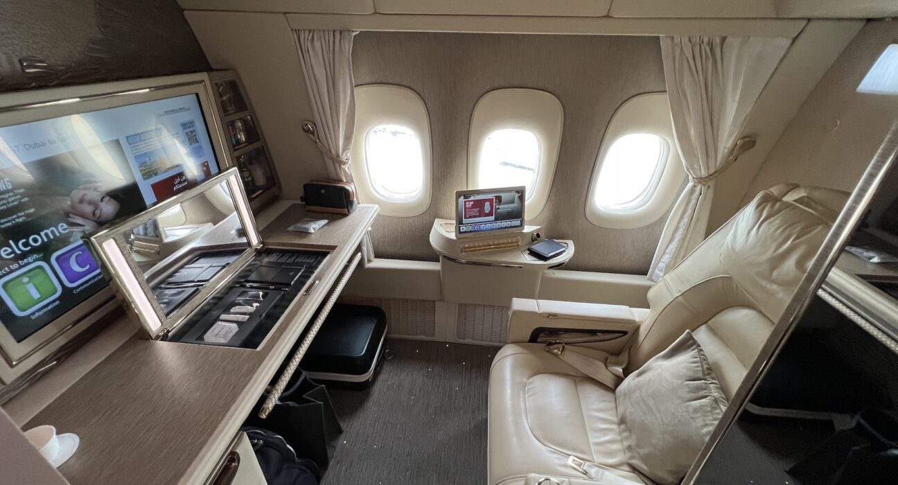 a small desk in an airplane