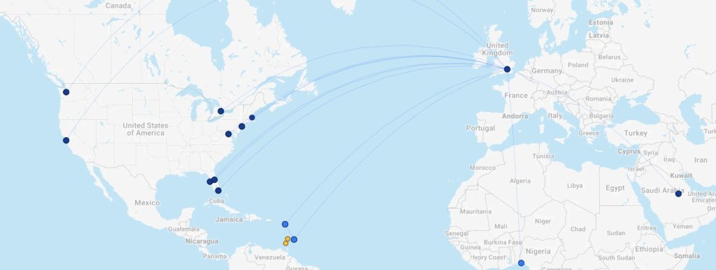 a map of the world with blue and orange dots