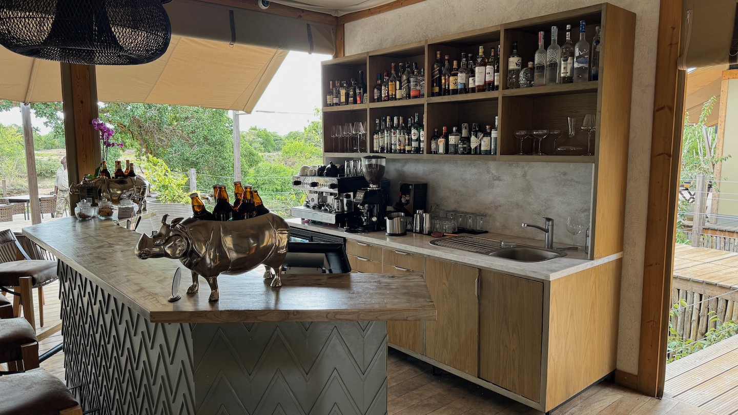 a bar with a metal rhinoceros statue and bottles on the shelves