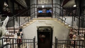 a staircase leading to a bar