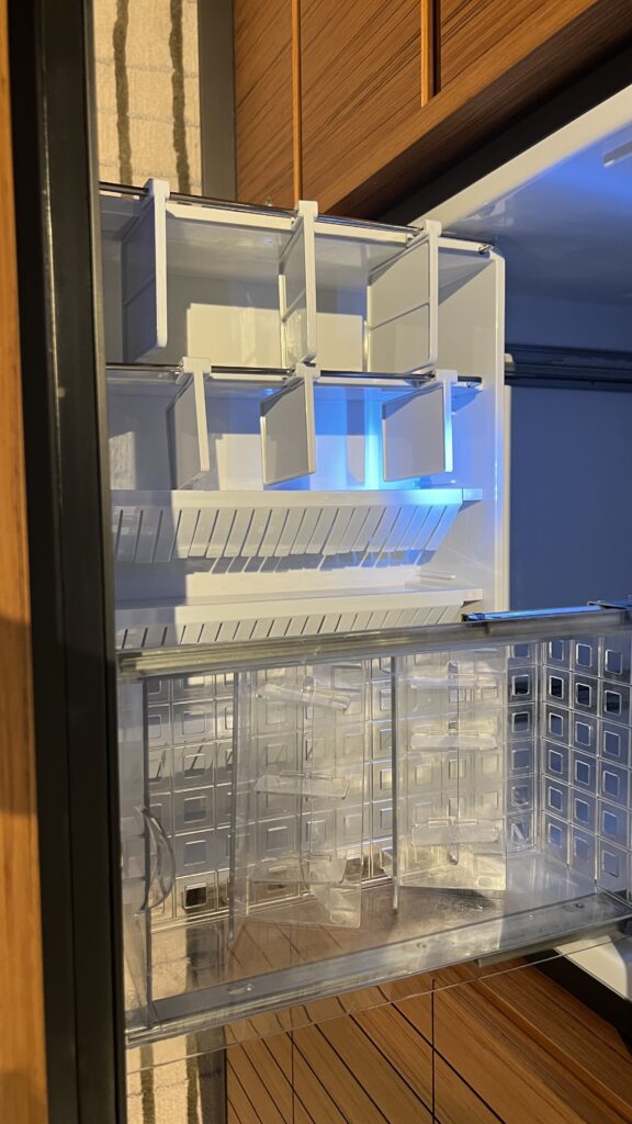 a refrigerator with open shelves