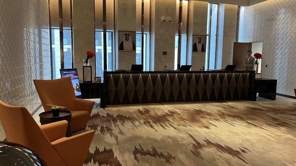 a reception desk in a hotel