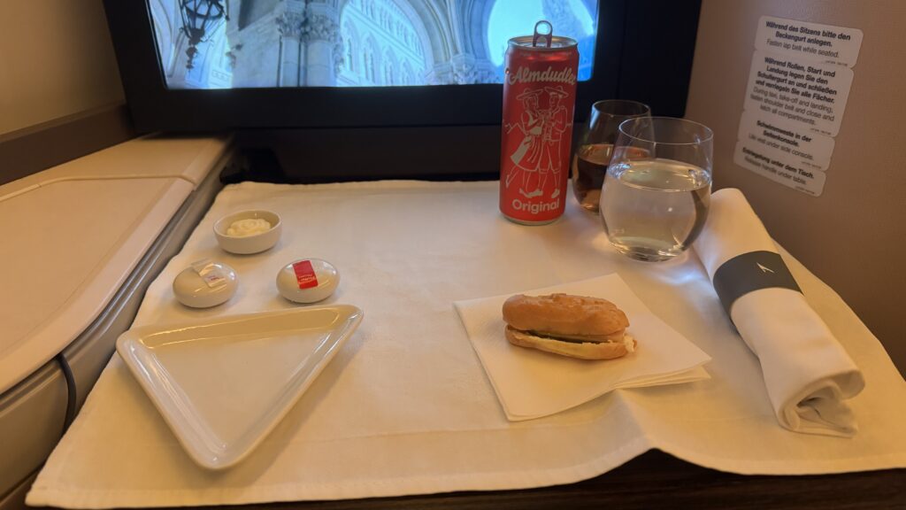 a sandwich and drinks on a table