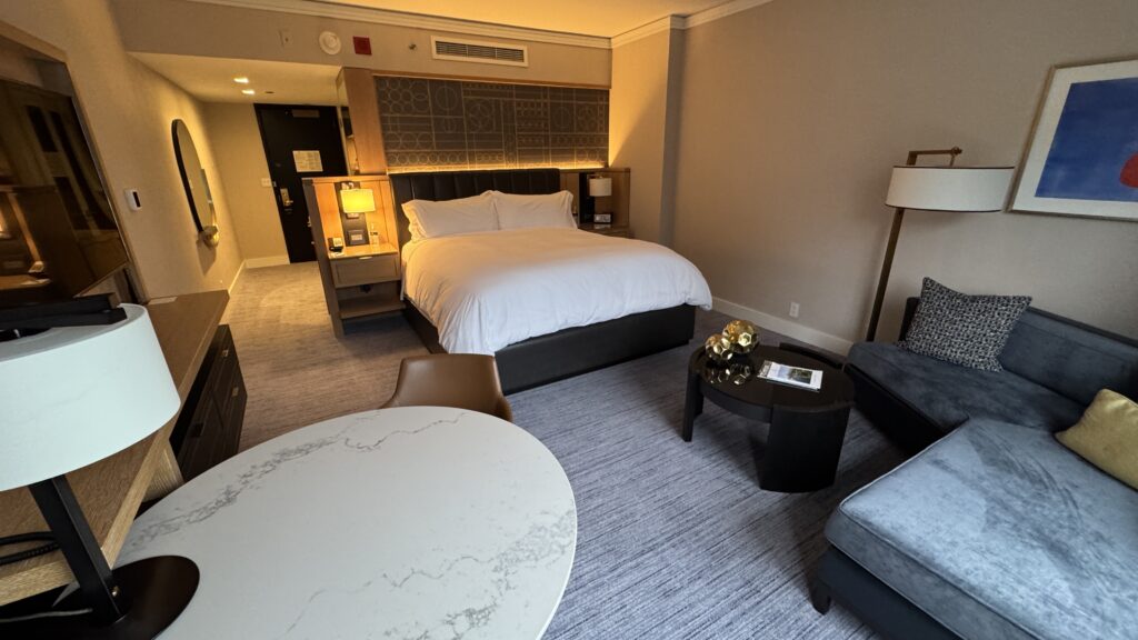 a room with a bed and a table