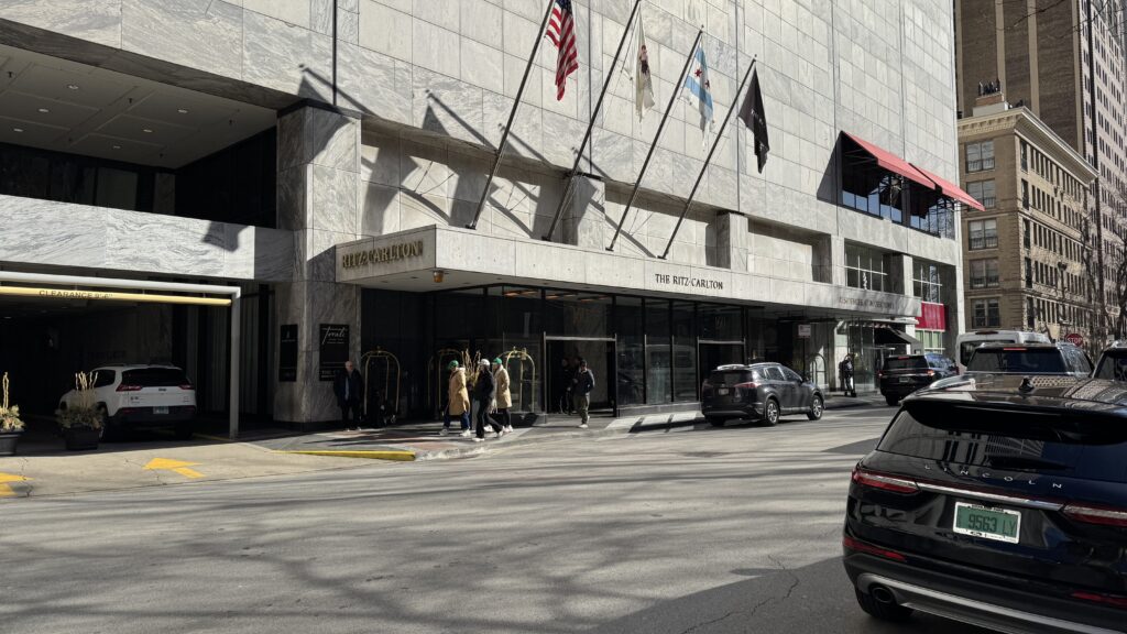 a building with flags on the front