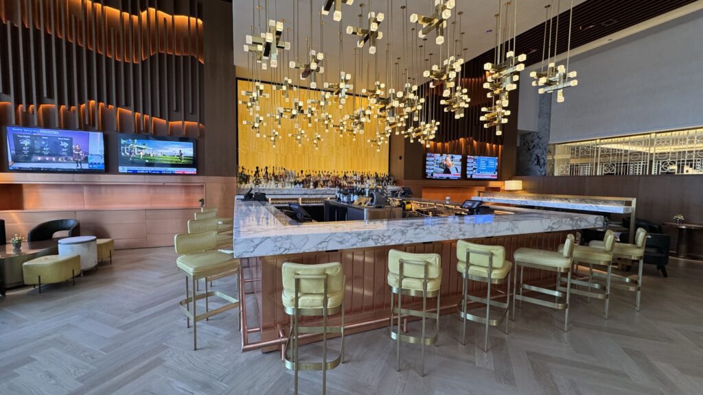 a bar with a counter and chairs