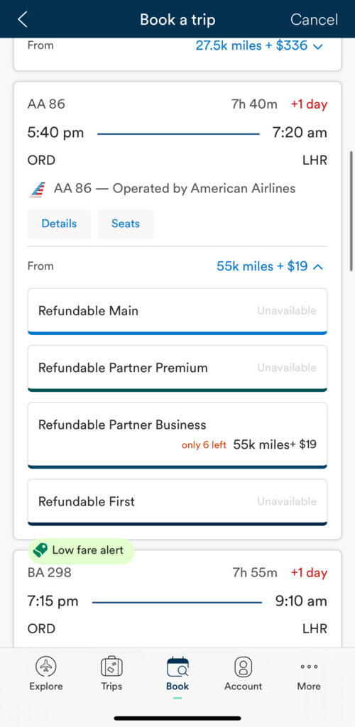 a screenshot of a flight schedule